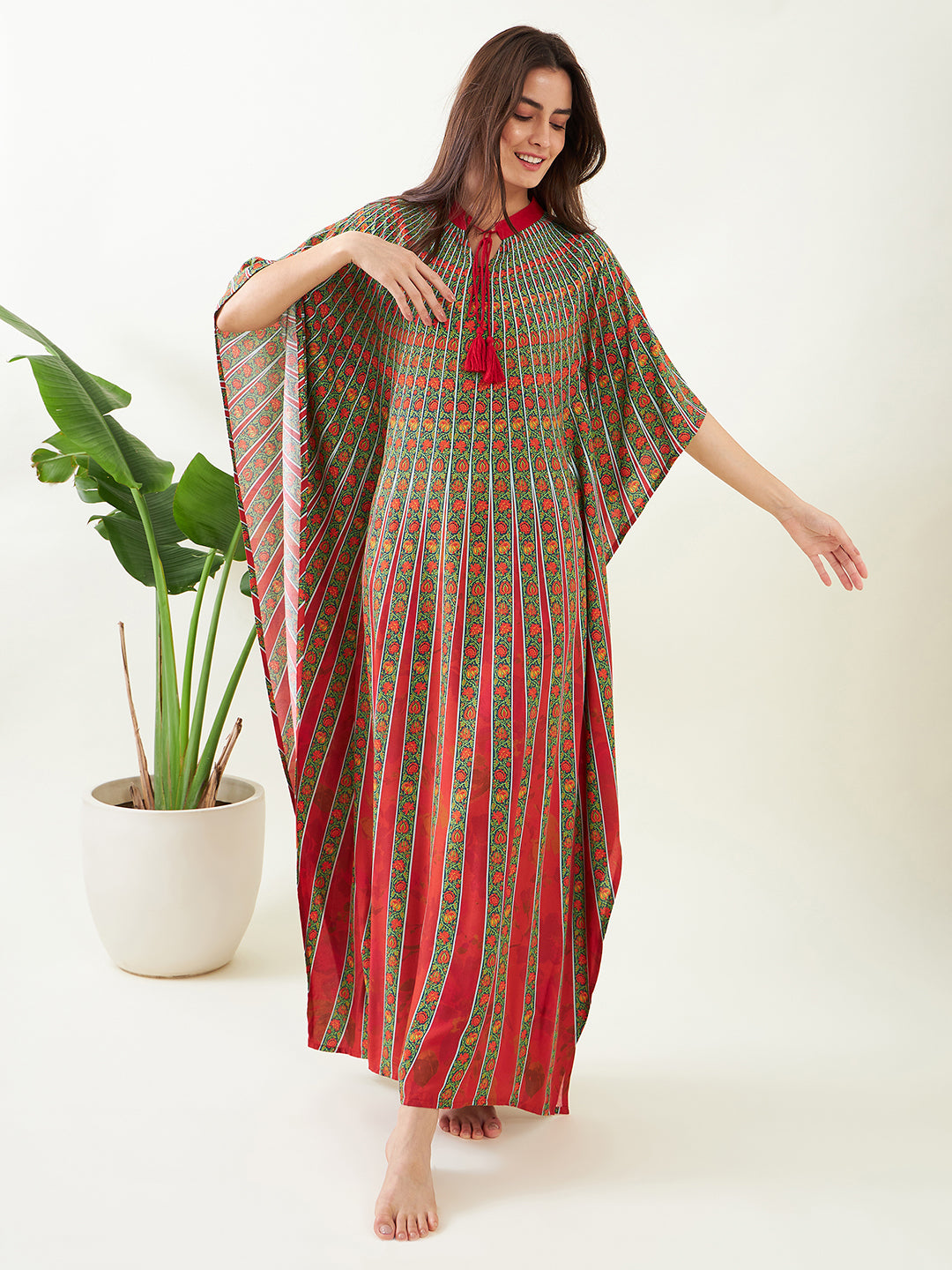 Women Red and Blue Floral Strokes Long Kaftan Dress - The Kaftan Company