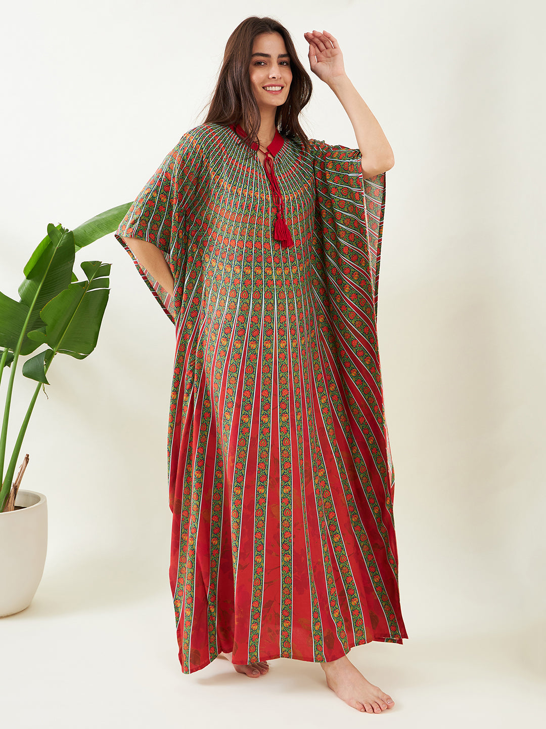 Women Red and Blue Floral Strokes Collar Neck Maxi Kaftan Gown 