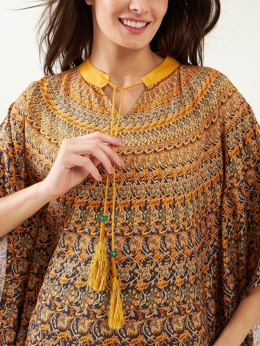Women Black and Mustard Floral Strokes Stylish And Comfort Maxi Kaftan 