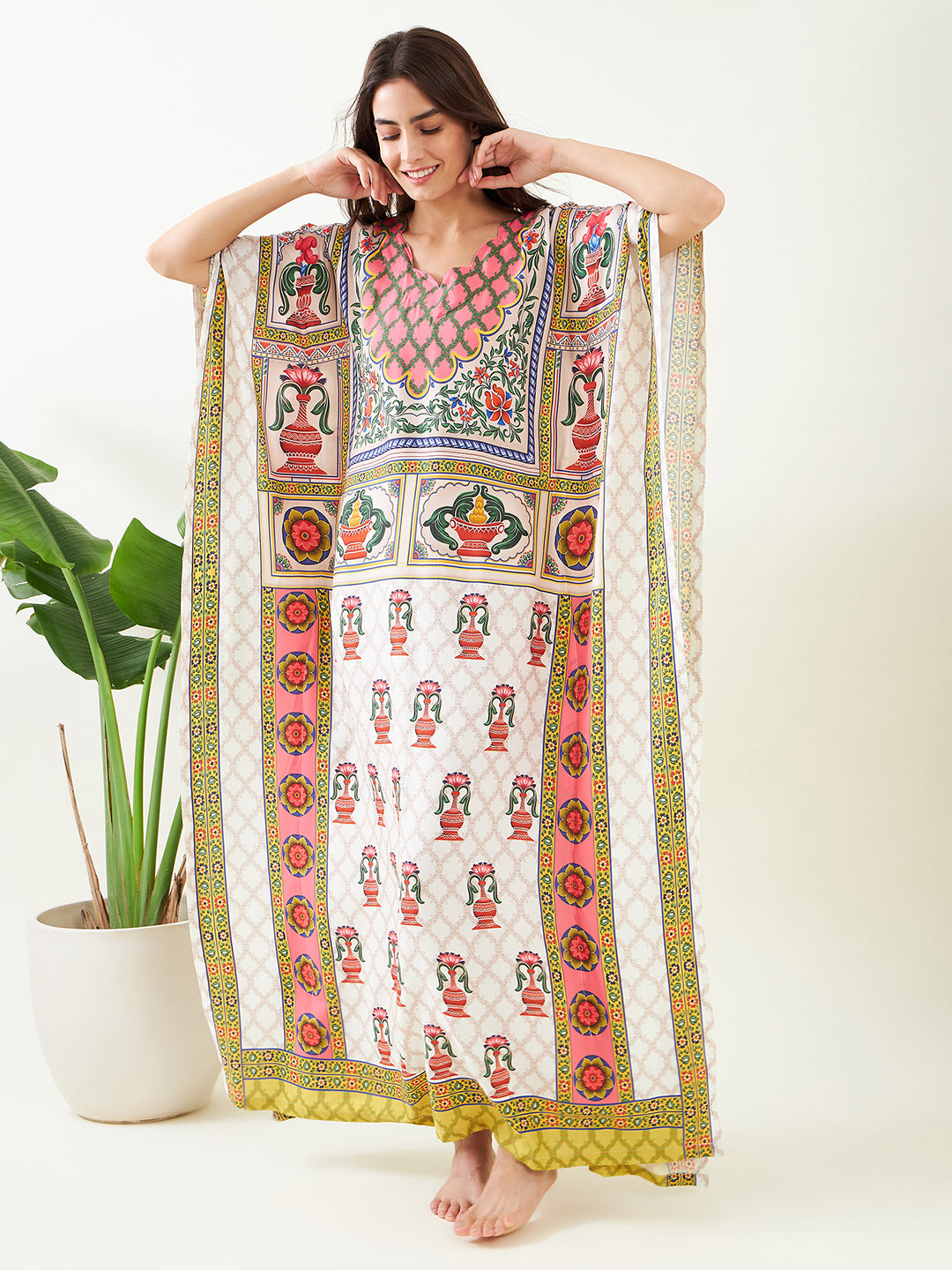 Women White Floral Structure Long Kaftan Dress - The Kaftan Company