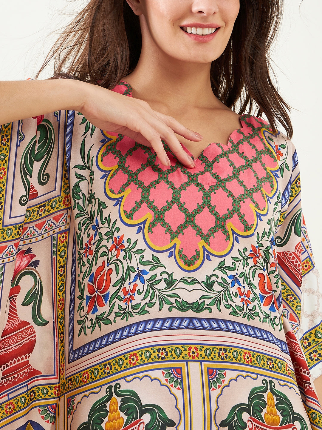 Women White Floral Structure Modern Kaftan Maxi Dress