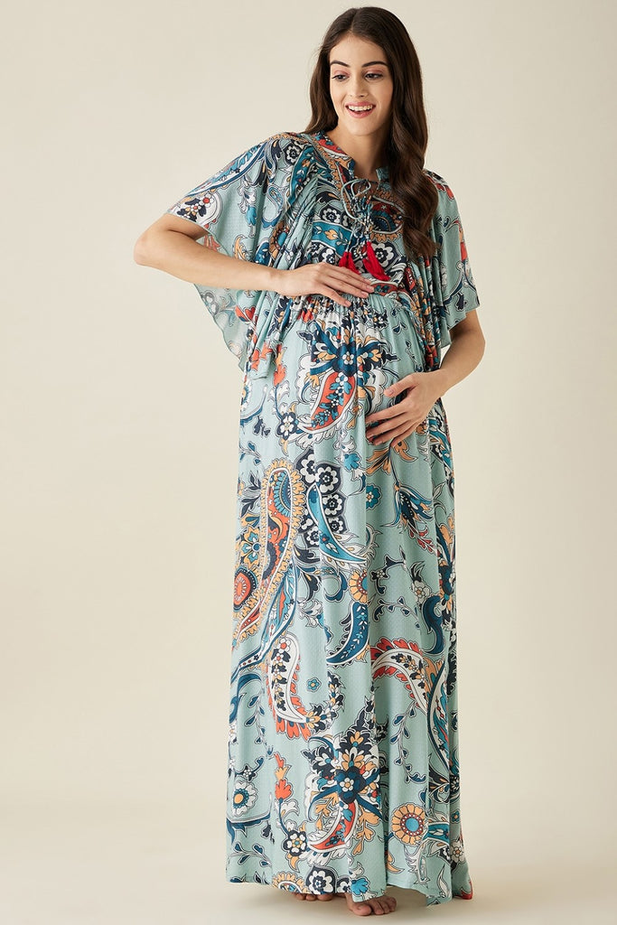 Blue Paisley Printed Maternity Lounge Dress with feeding option