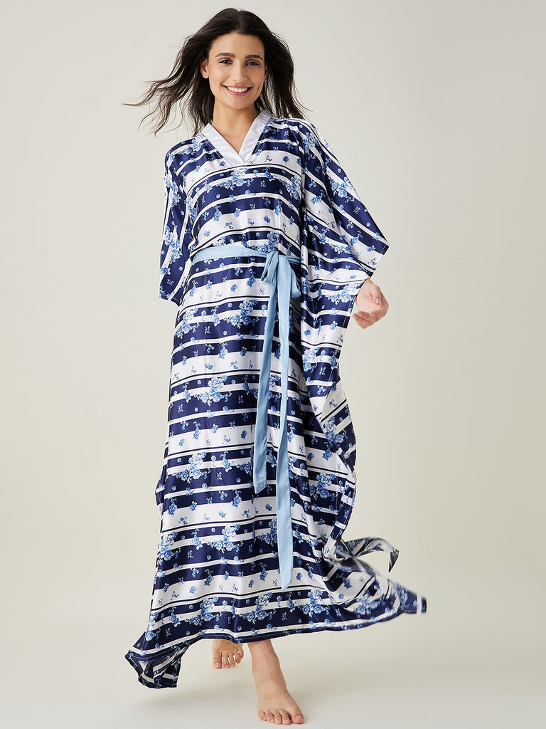 White and Blue Ditsy Floral Loungewear Kaftan