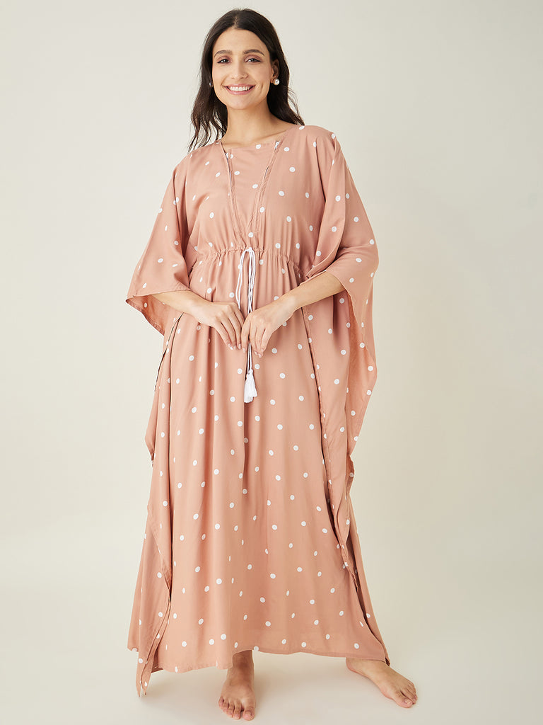 Beige Dotted Delight Maternity Nursing Dress