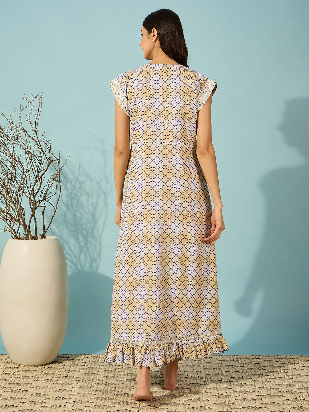Soft and breathable maxi-length cotton night dress for women in a vibrant yellow hatch stitch design.

