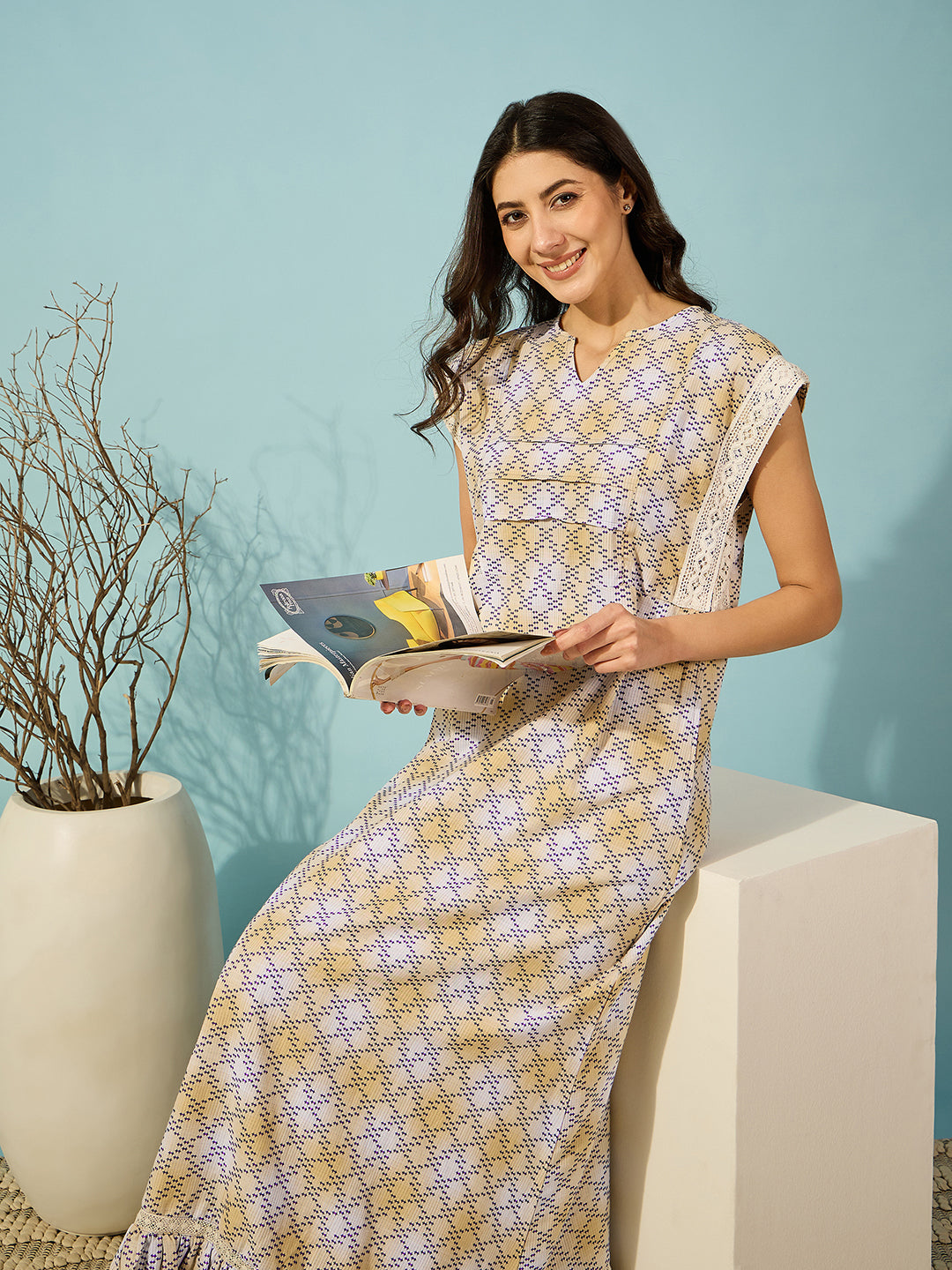 Women's yellow hatch stitch maxi-length night dress - breathable cotton for ultimate comfort.

