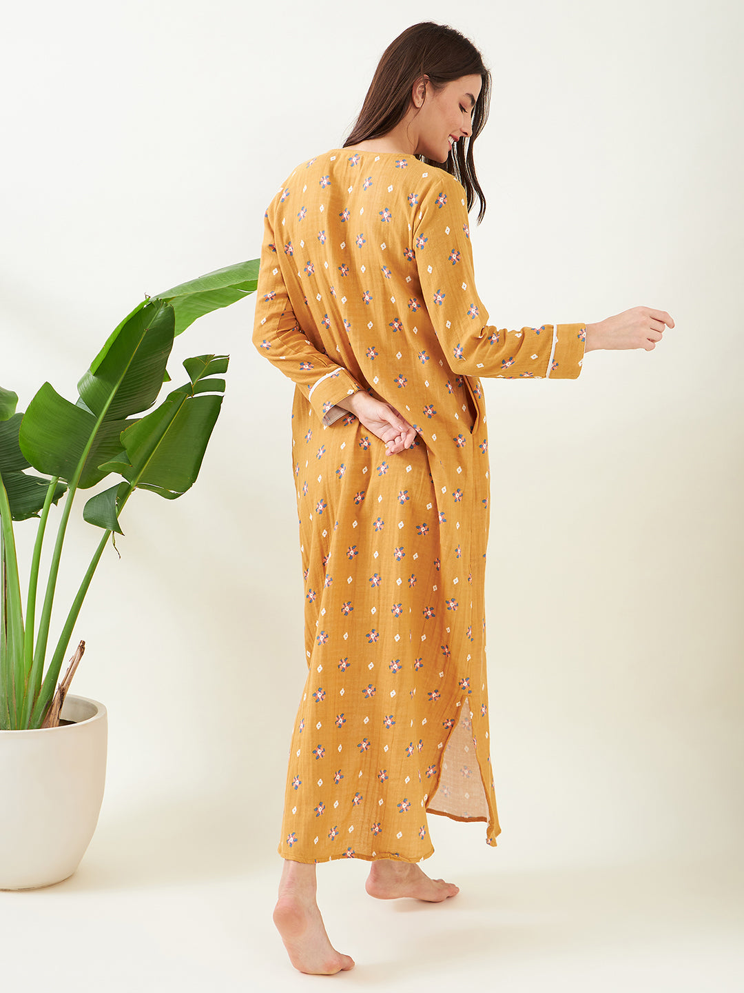 Women Mustard Bloom Full Sleeve Cotton V Neck Long Nighty