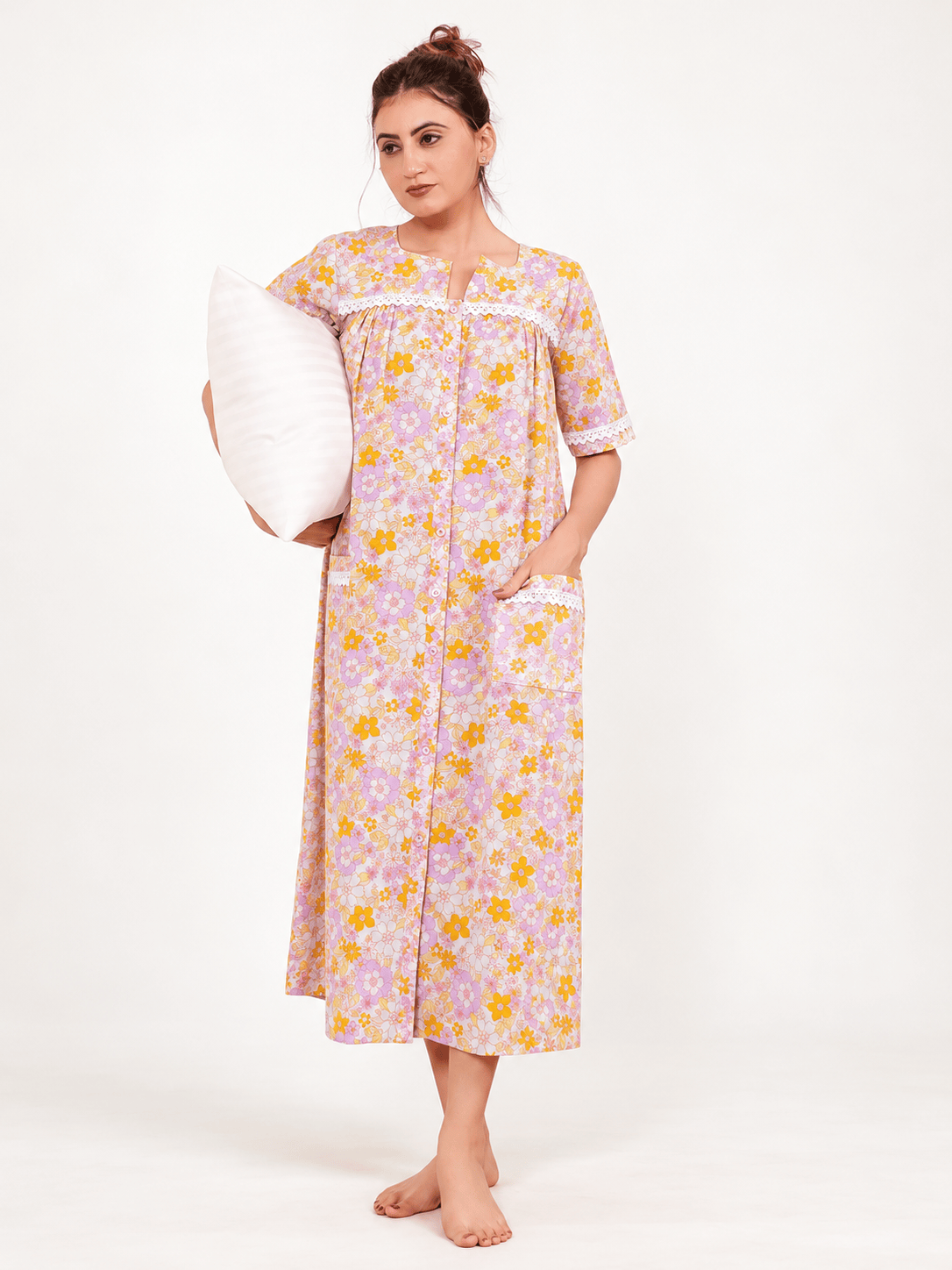 The Kaftan Company Nightdress Pink Floral Cotton Button-Front Nightdress with Lace Trim