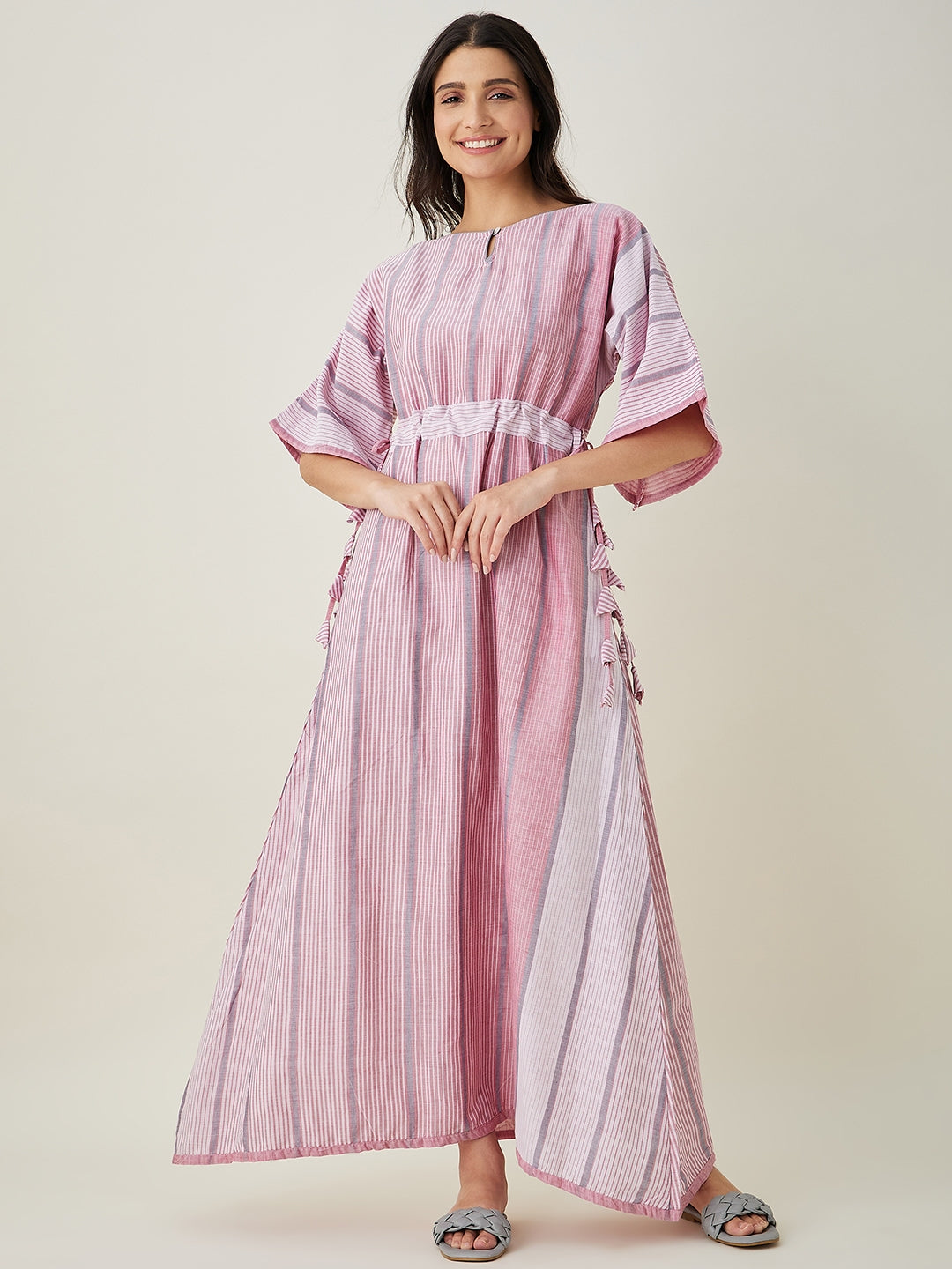 Pastel Pink Striped Handloom Cotton A-Line Nightdress