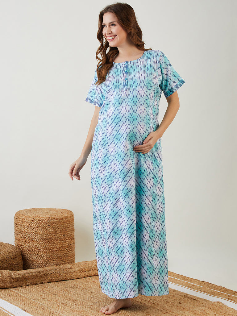 Green Tie Dye Textured Maternity Nightdress with Functional Button Placket used as feeding Option