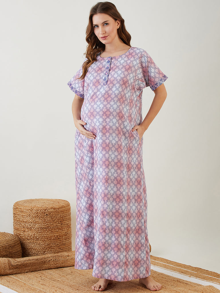 Pink Tie Dye Textured Maternity Nightdress with Functional Button Placket used as feeding Option