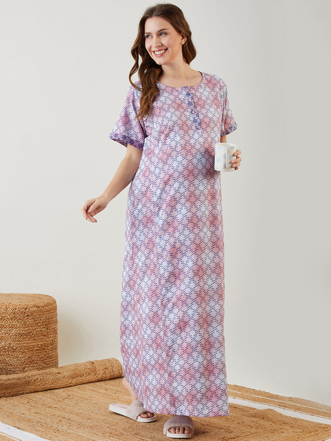Pink Cotton Round Neck Short Sleeves Pregnancy Night Gown
