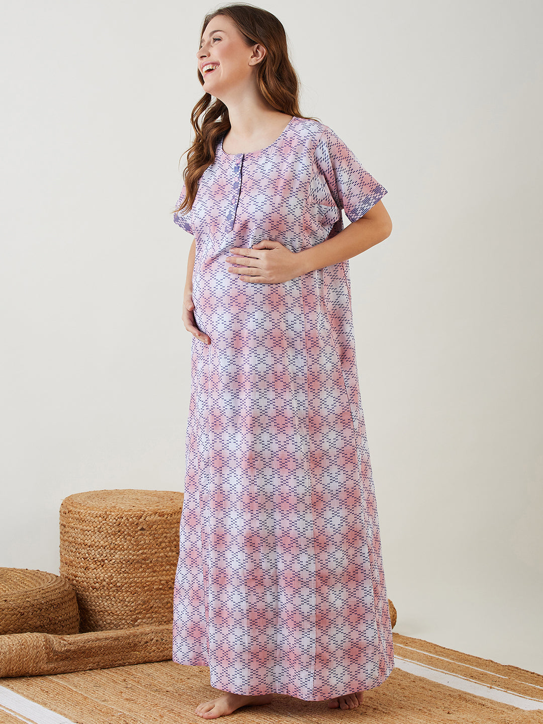 Pink Cotton Round Neck Maxi Length Night Dress For Pregnant Women