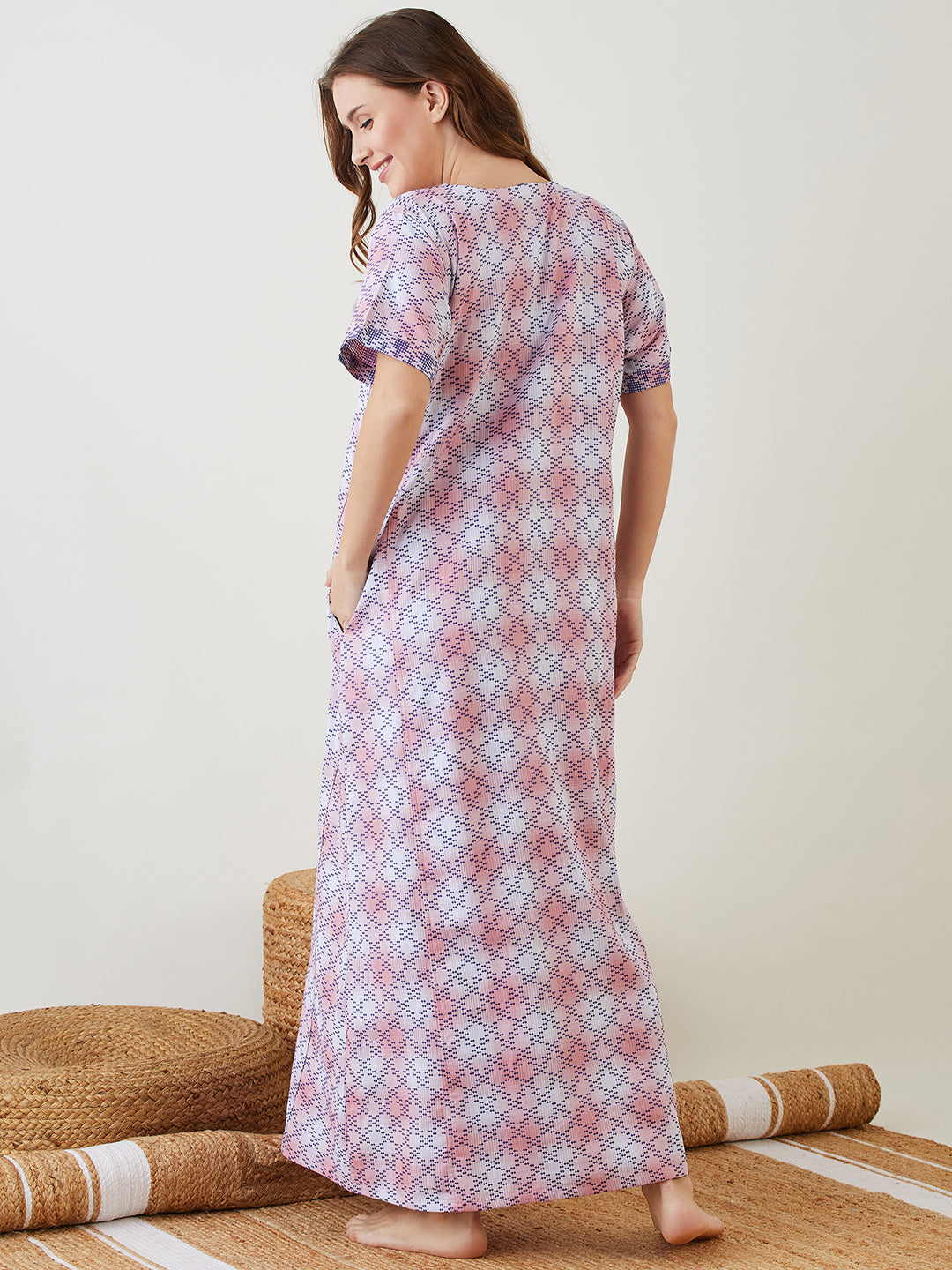 Pink Cotton Long Maternity and Feeding Gown For Women