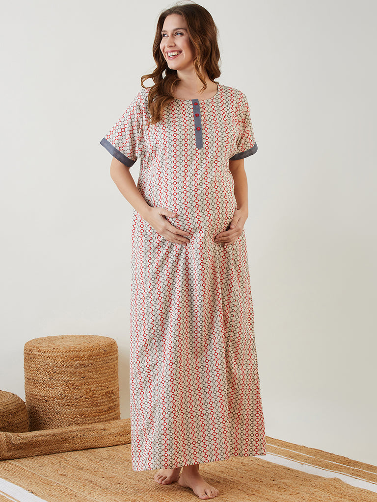 Off-White and Red Geometrical print Maternity Nightdress with Functional Button Placket used as feeding Option