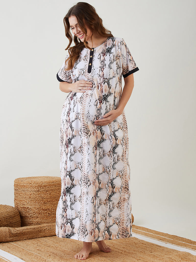 White Snake Printed Maternity Nightdress with Functional Button Placket used as feeding Option