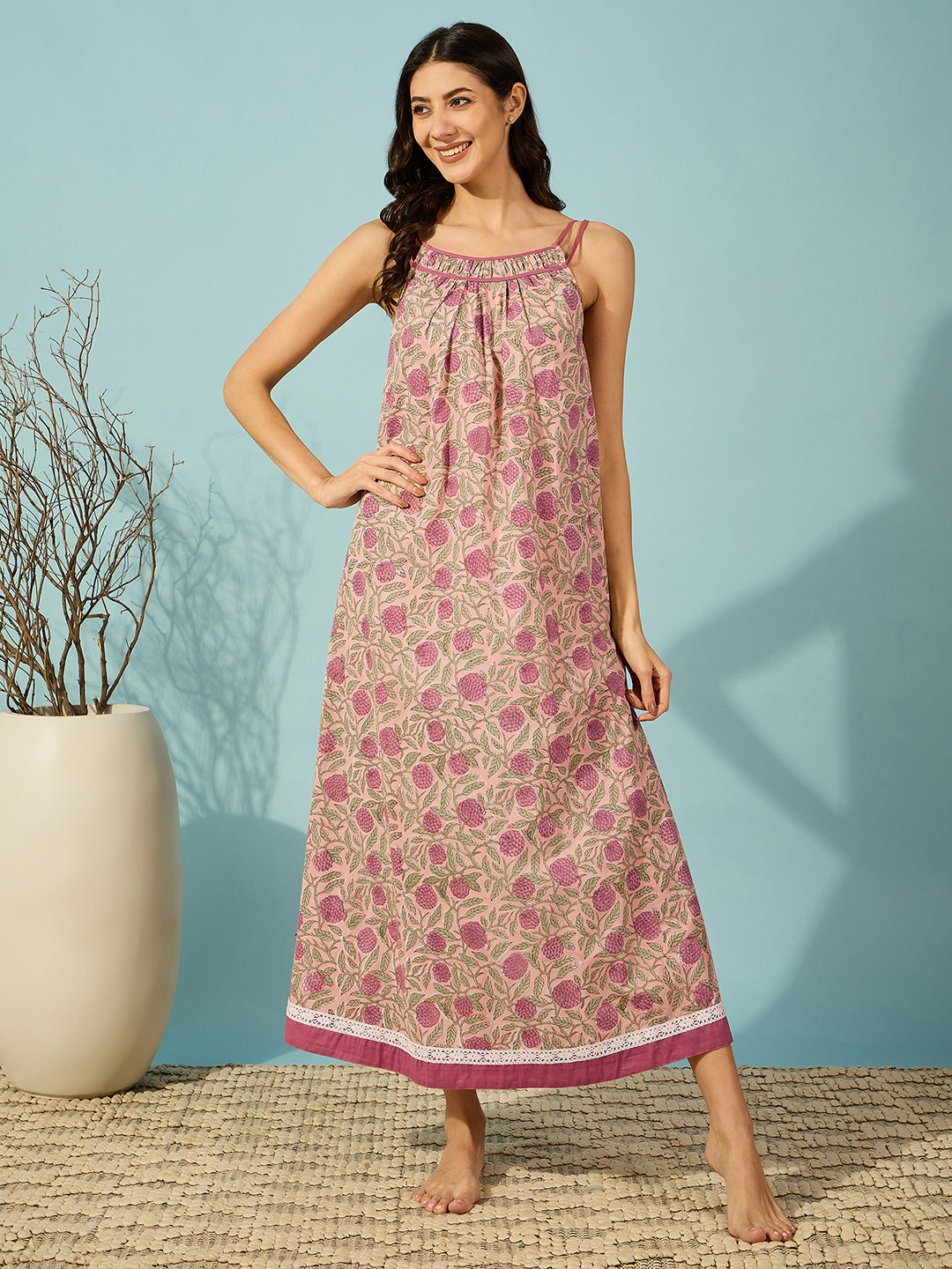 Relax in style with this pink floral block print cotton negligee, perfect for lounging or nighttime.
