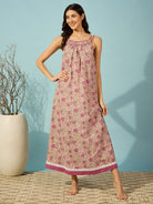 Relax in style with this pink floral block print cotton negligee, perfect for lounging or nighttime.
