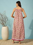 Soft cotton pink negligee with intricate floral block print, perfect for evening relaxation.
