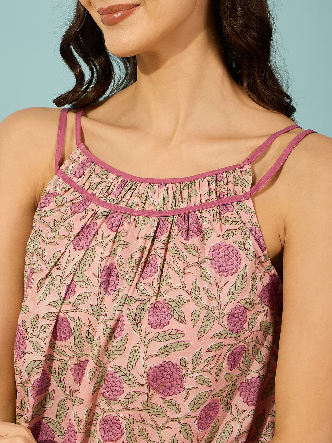 Floral block print pink cotton negligee, ideal for comfort and style during your lounging hours.
