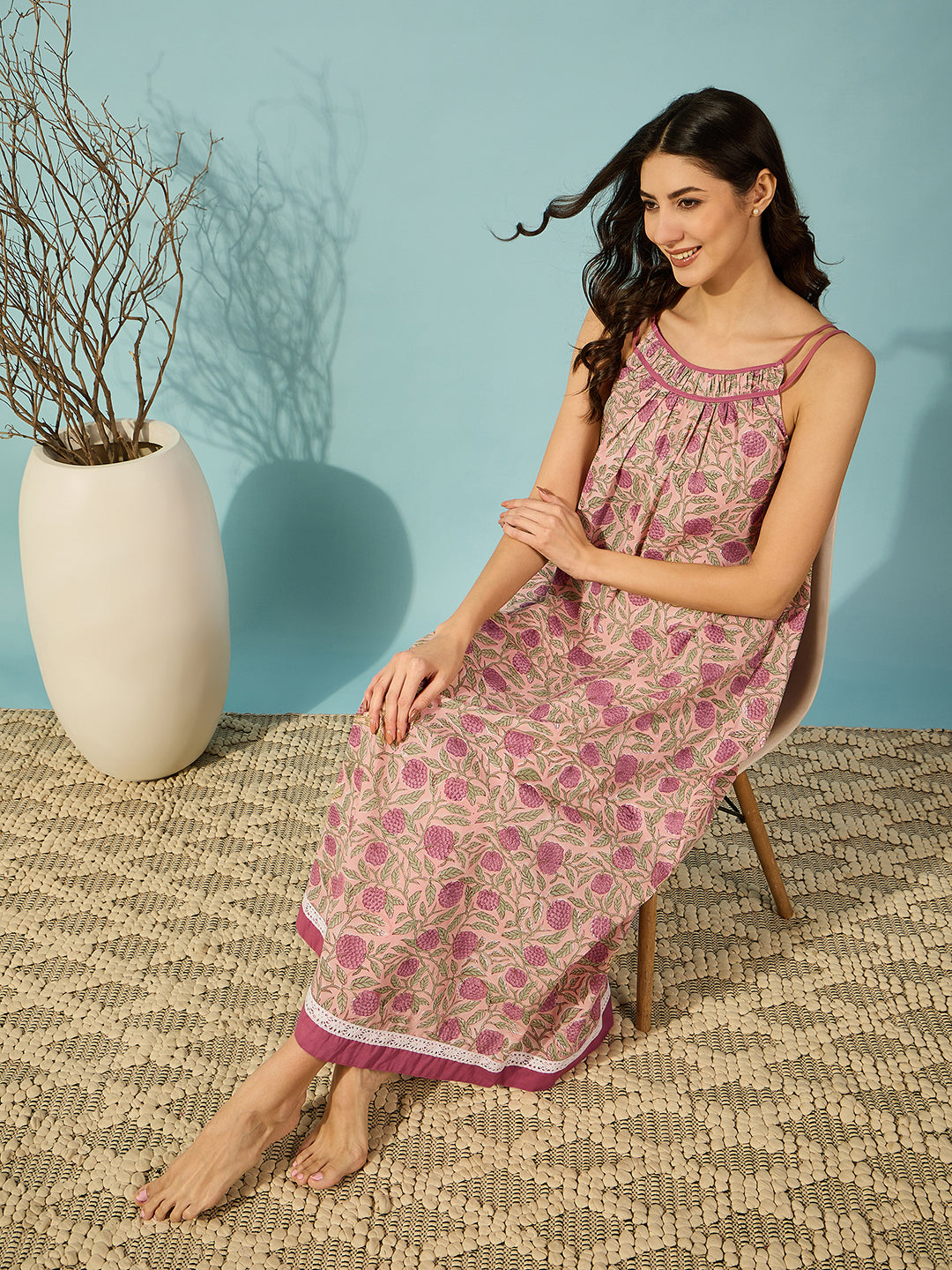 Comfortable and stylish pink floral block print cotton negligee with thin shoulder straps.
