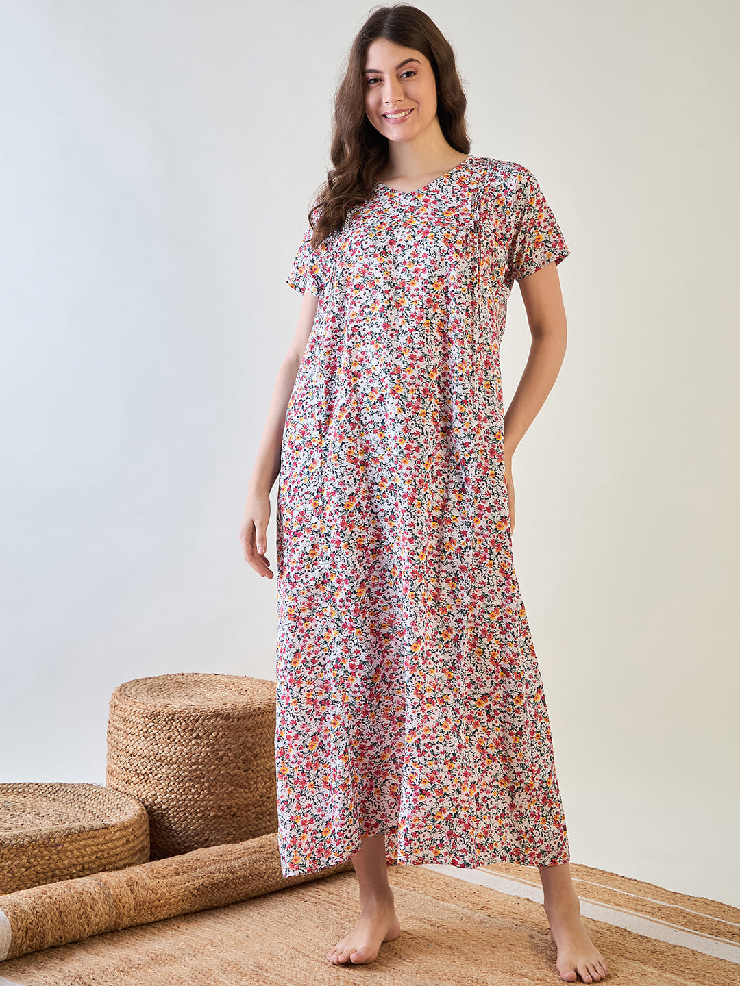 Red floral nightdress with a V-neck and short sleeves for comfortable sleep.