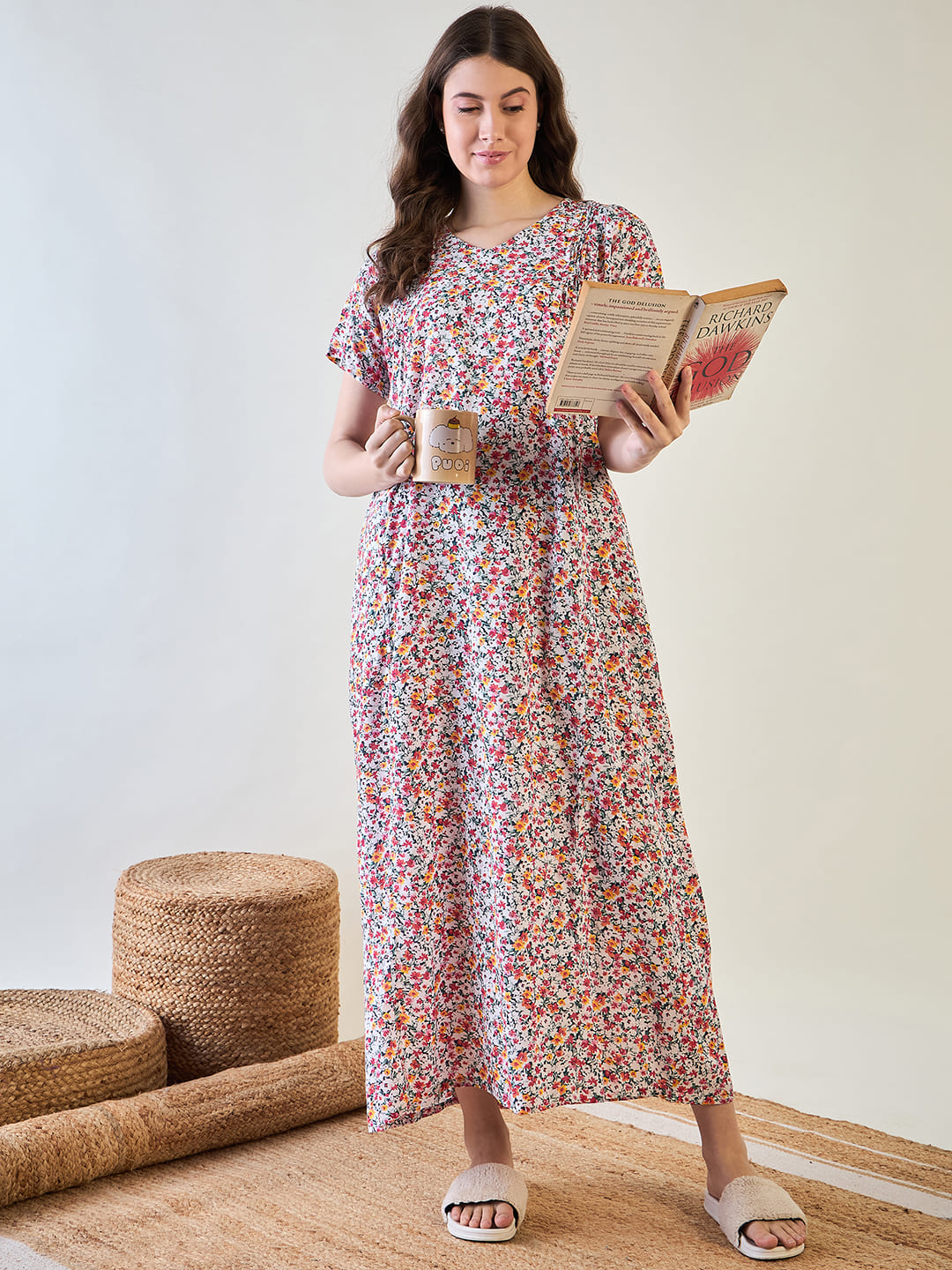 Relaxed fit cotton nightdress with vibrant red floral print.