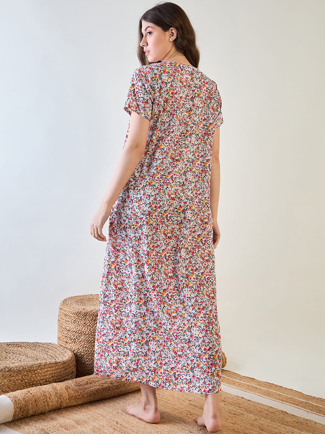 Lightweight red floral nightdress with button-down front.