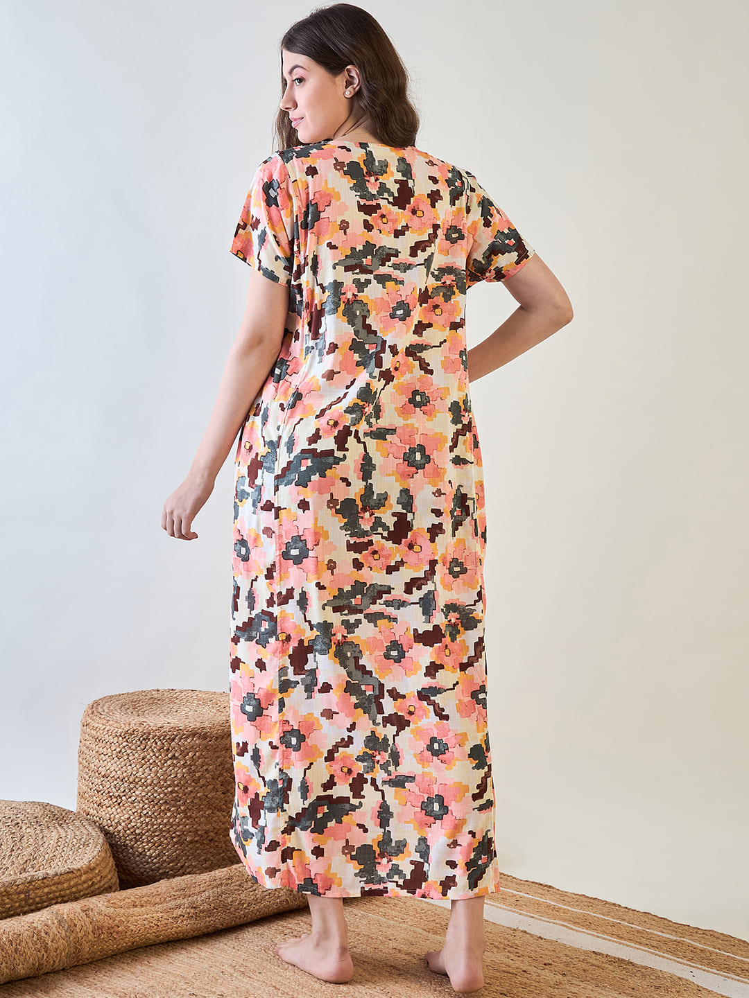 Soft fabric night dress with a unique abstract pattern.