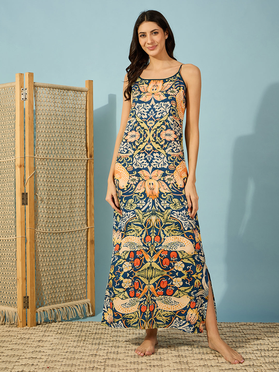 Women Luxurious blue Maxi Length satin nightdress with a vintage floral print and lace trim, offering maximum comfort.
