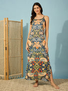 Women Luxurious blue Maxi Length satin nightdress with a vintage floral print and lace trim, offering maximum comfort.
