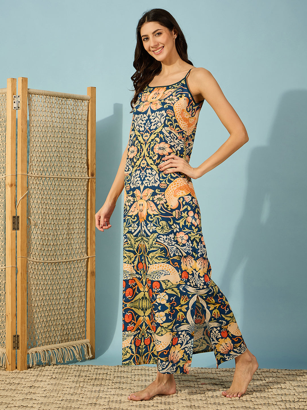 Comfortable blue floral slip nightdress, featuring a soft cotton satin fabric and vintage-inspired design.

