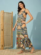 Comfortable blue floral slip nightdress, featuring a soft cotton satin fabric and vintage-inspired design.
