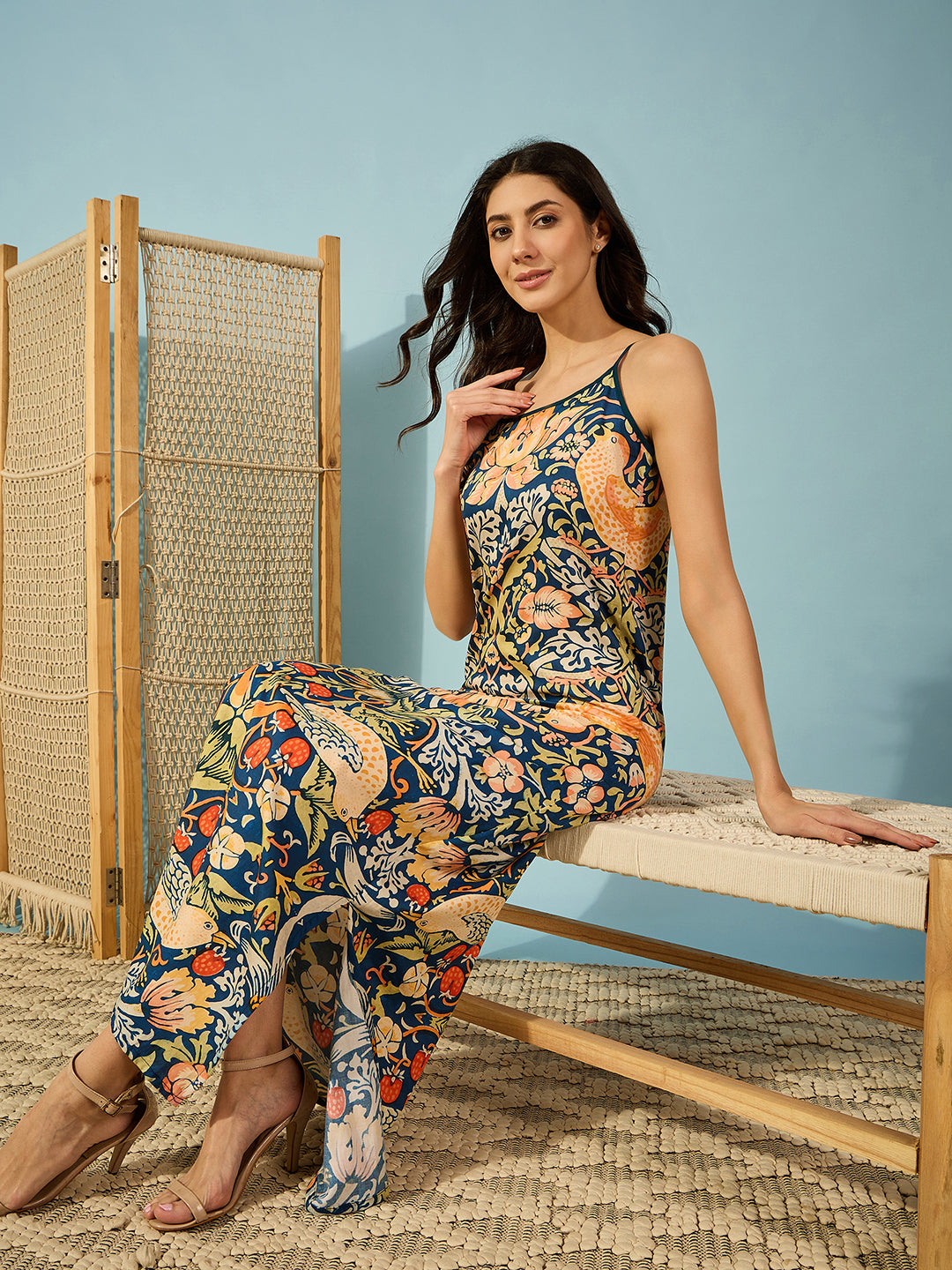 Blue vintage floral slip nightdress with lace detailing, offering a stylish and comfortable fit.
