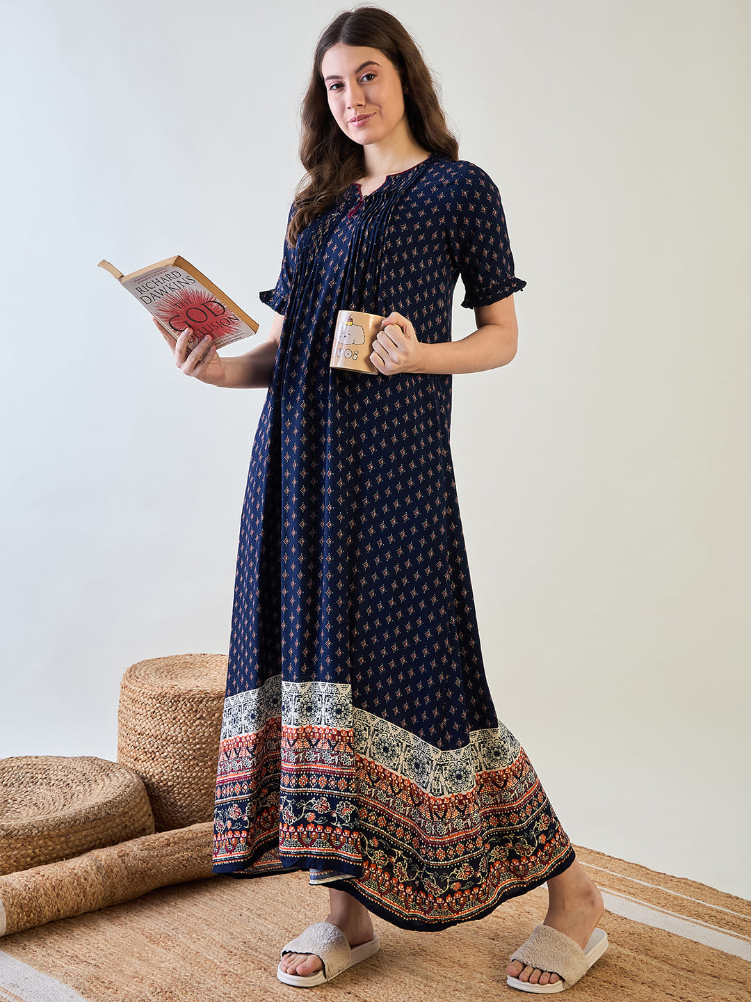 Soft fabric navy blue night dress perfect for restful nights.