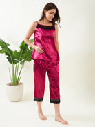 Maroon Sleeveless Comfy Satin Slip and Pajama Nightwear Set For Women