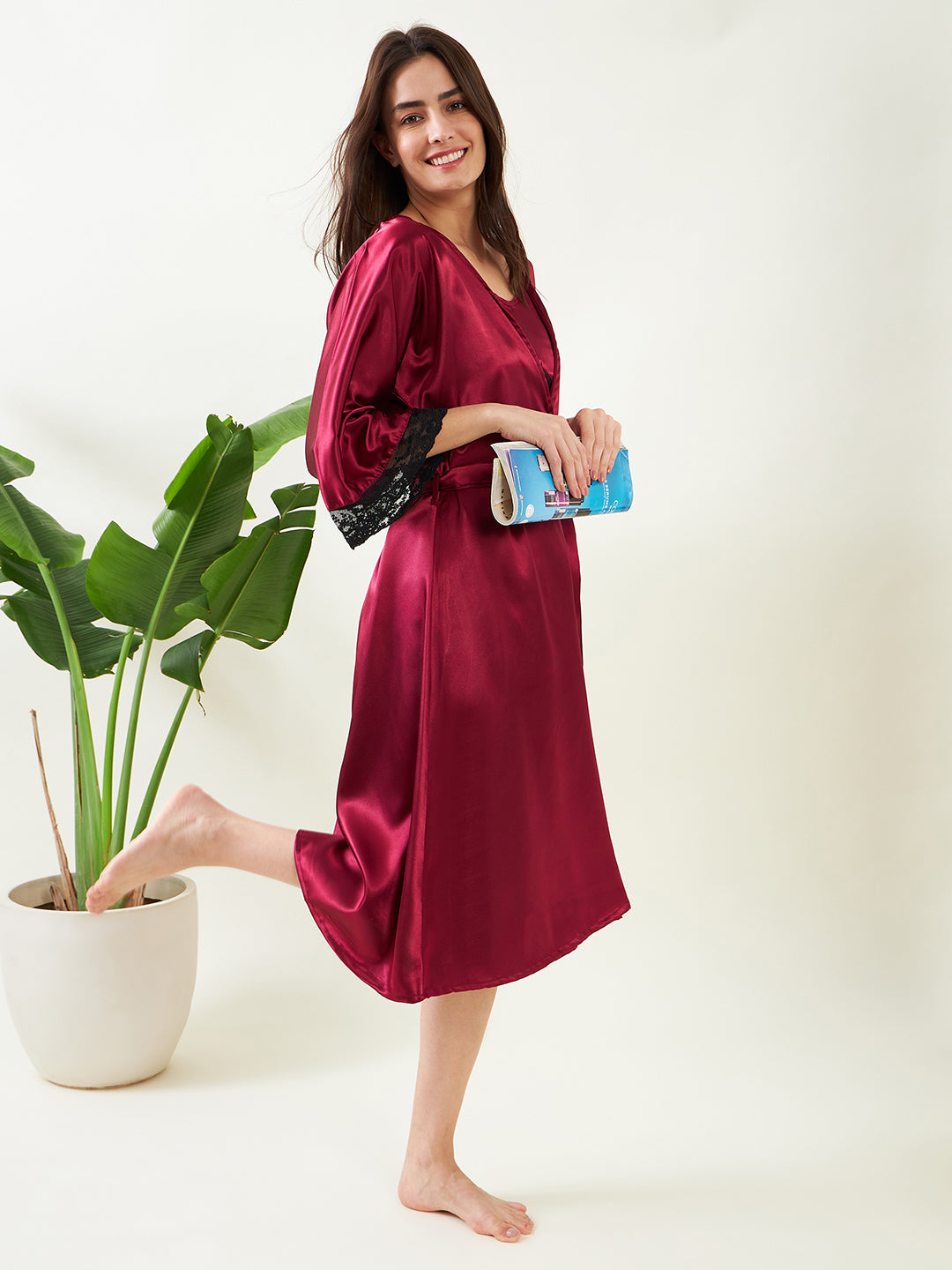 Women's Maroon Short Length Satin Nighty With Three Quarter Extended Sleeve 