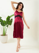 Women's Maroon Satin Stylish And Comfy Short Luxurious Satin Night Dress