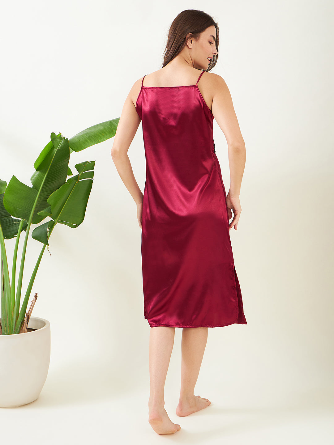 Women's Maroon Satin Fancy And Comfortable Short Luxurious Satin Night Gown