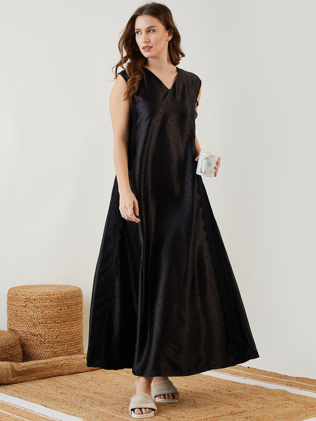 Black Satin Negligee Nightdress with Scallop Lace Enhancing the Side seam