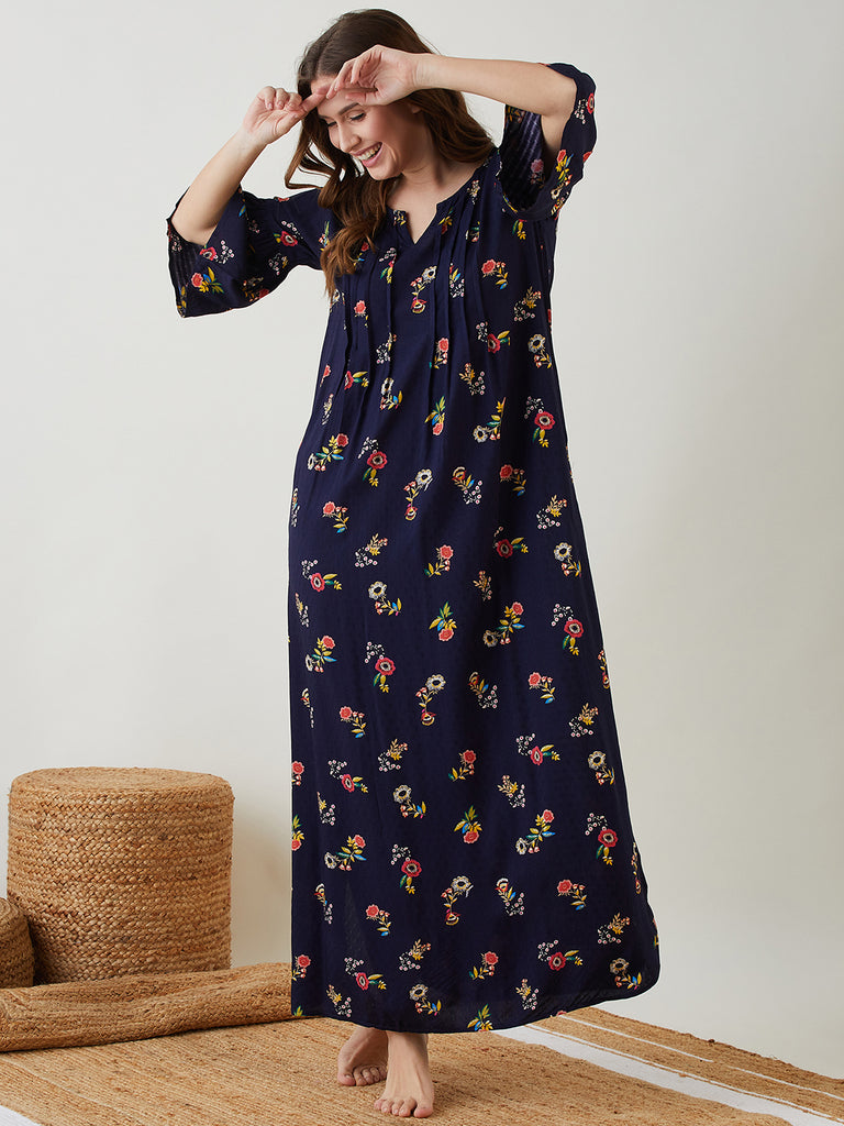 Blue Floral Printed Nighty with Round Neck with a "V", Pin Tucks on the body, Flared Elbow Length Sleeve