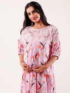 The Kaftan Company Nightdress Pink Floral Printed Maternity Nightgown with Feeding Zipper & Pockets