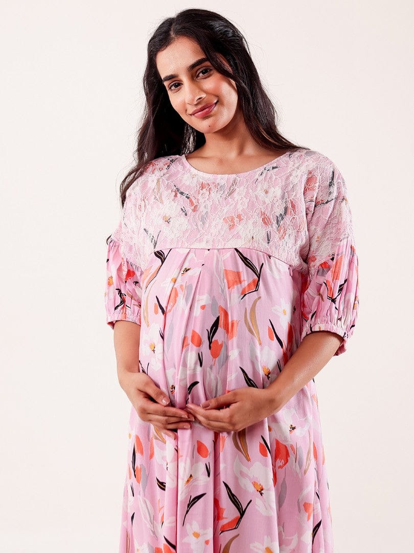 The Kaftan Company Nightdress Pink Floral Printed Maternity Nightgown with Feeding Zipper & Pockets