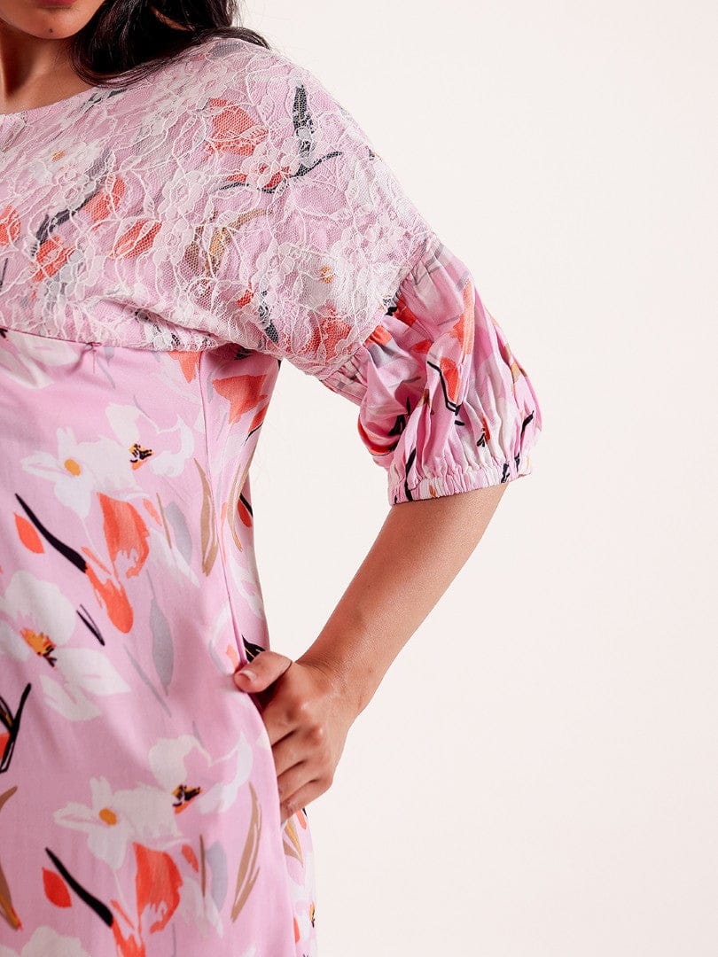 The Kaftan Company Nightdress Pink Floral Printed Maternity Nightgown with Feeding Zipper & Pockets