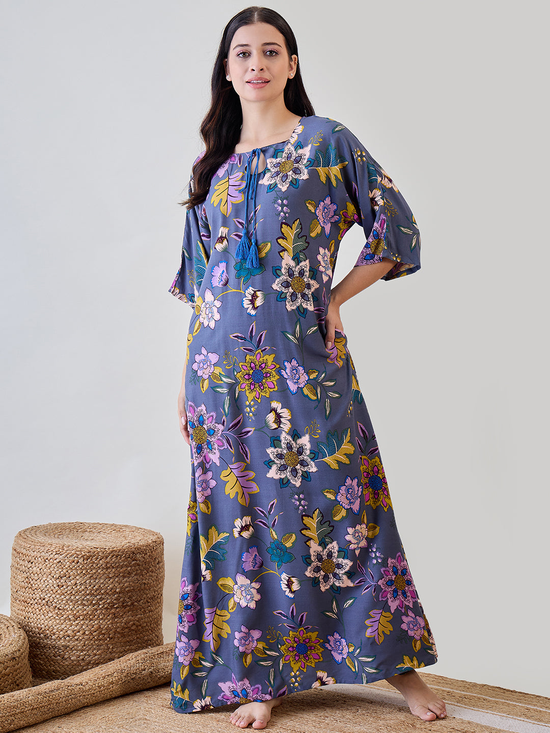 Abstract floral soft modal flowy nightdress, offering a comfortable and elegant sleepwear option.
