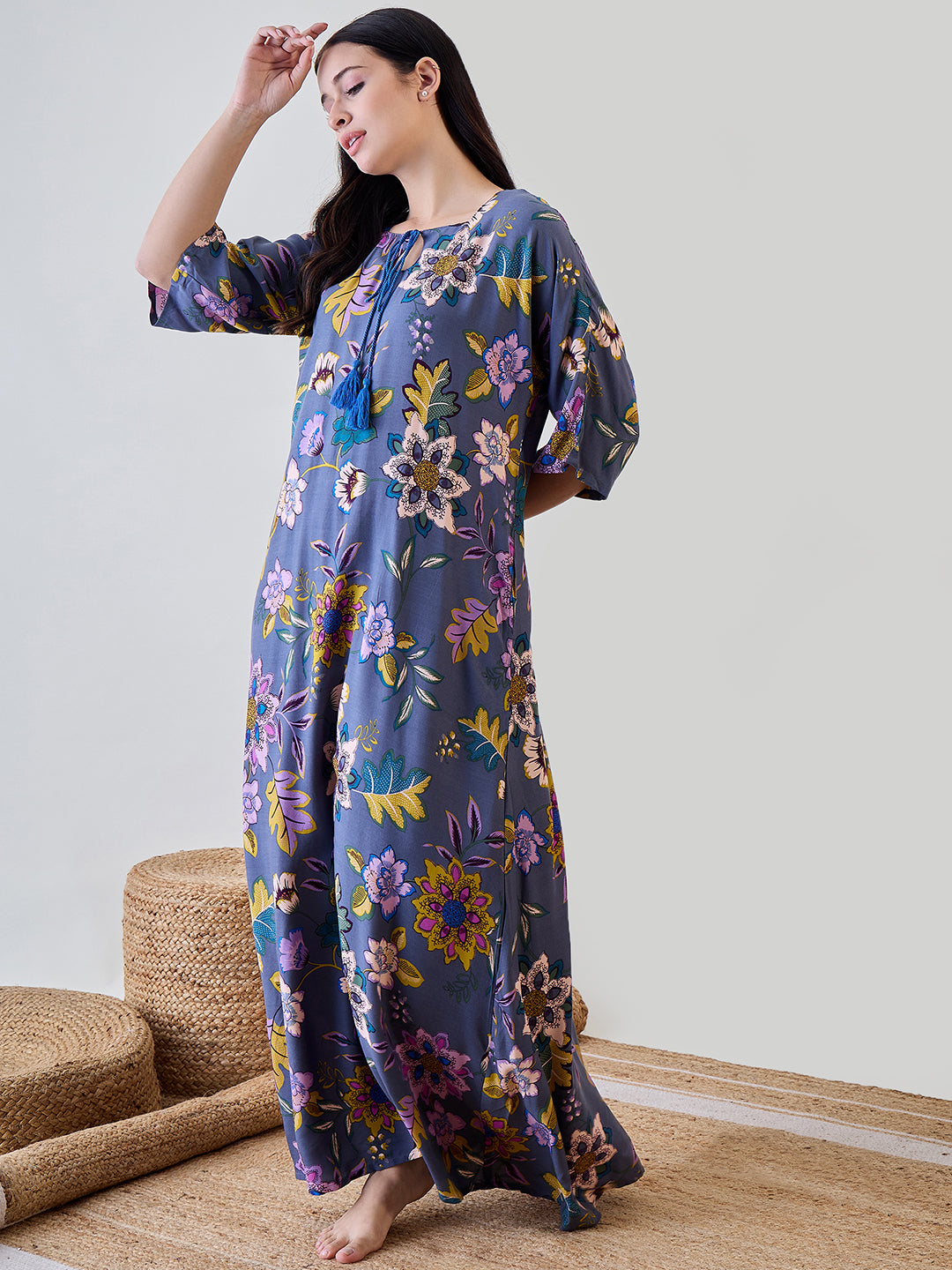 Flowy nightdress in soft modal fabric featuring an abstract floral pattern, perfect for a comfortable and chic nightâ‚¬„¢s sleep.
