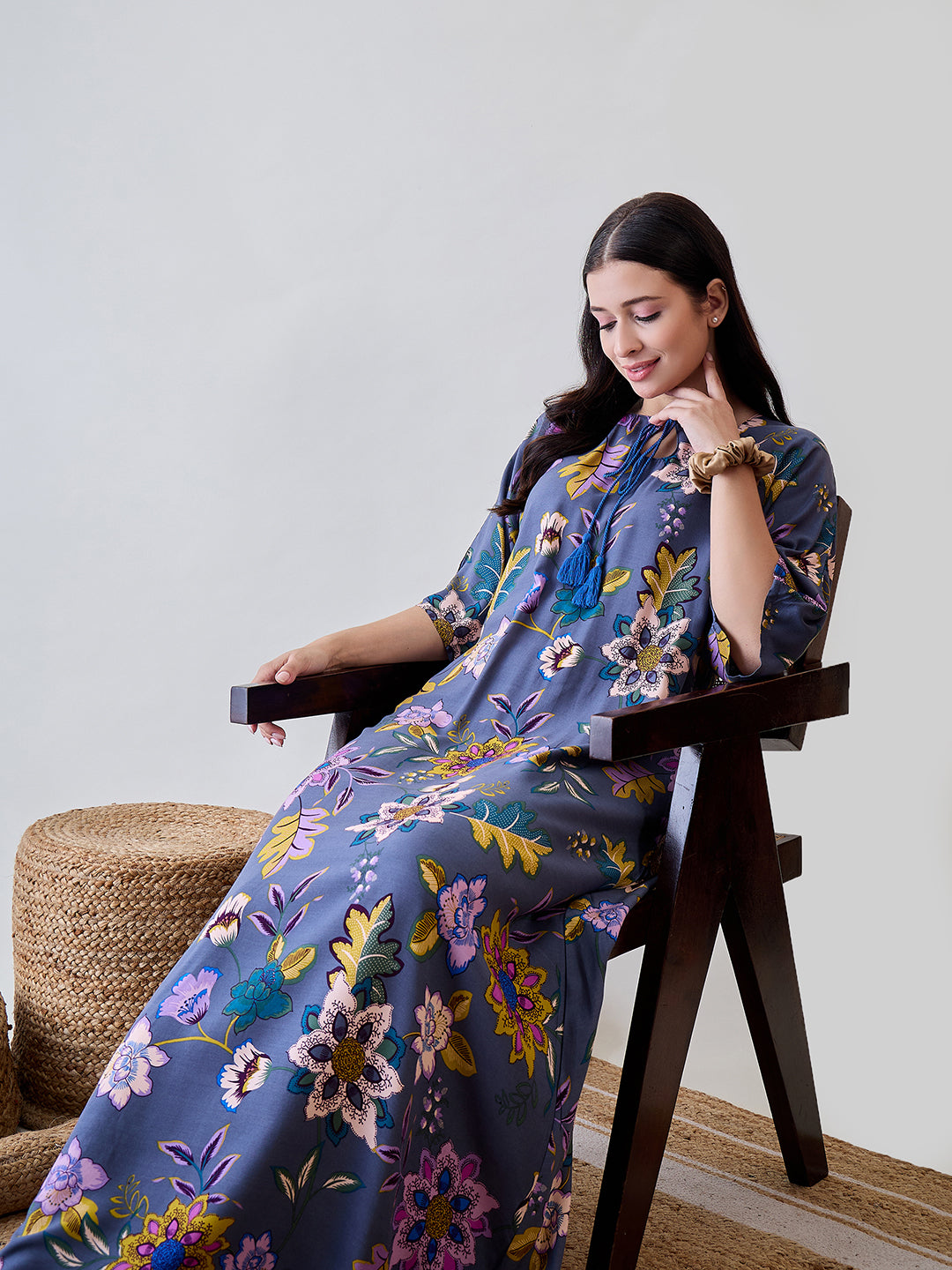 Elegant abstract floral soft modal nightdress, offering a feminine and cozy sleepwear choice
