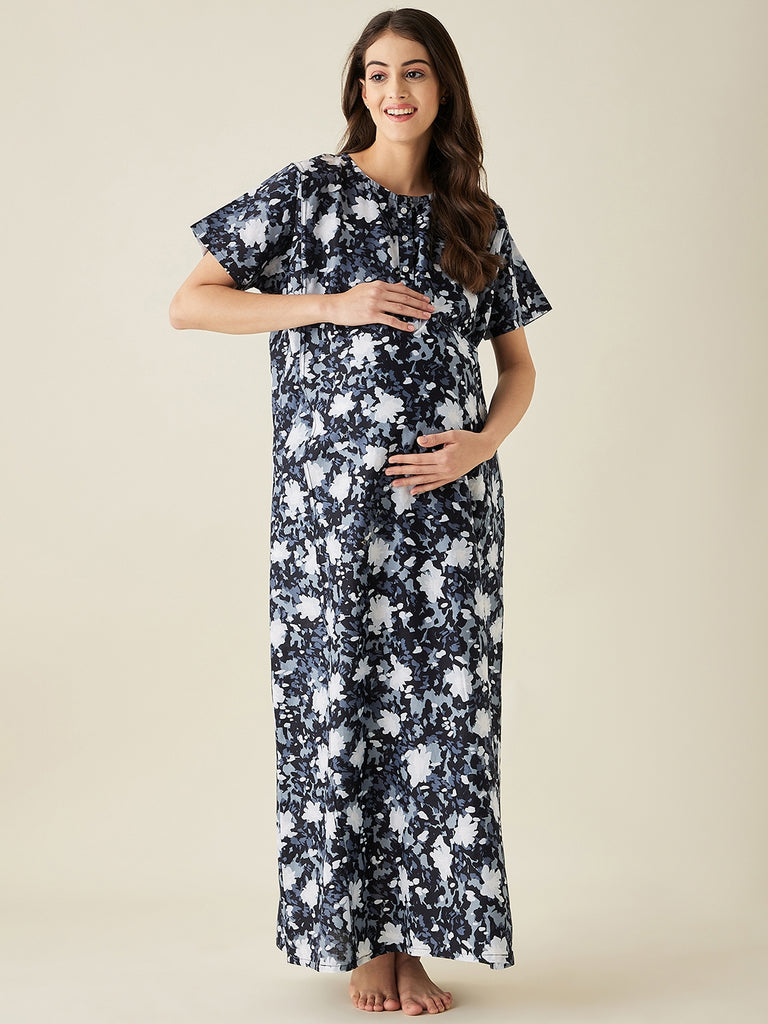 Black and White Abstract Print Maternity Nightdress
