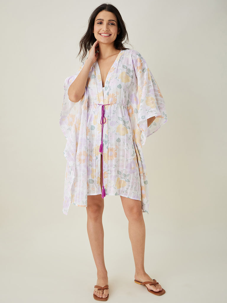 White Floral Printed Resortwear cover up
