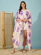 Relaxed fit purple tie-dye coverup with lace detailing, perfect for beach vacations.
